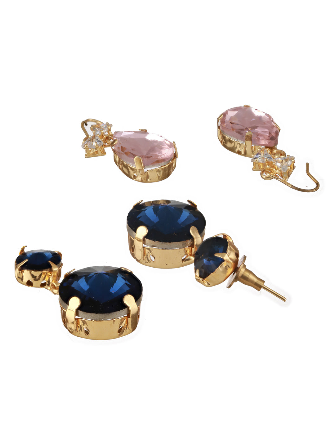 Jazz And Sizzle Set Of 2 Gold Plated Blue & Pink Stone Studded Drop Earrings