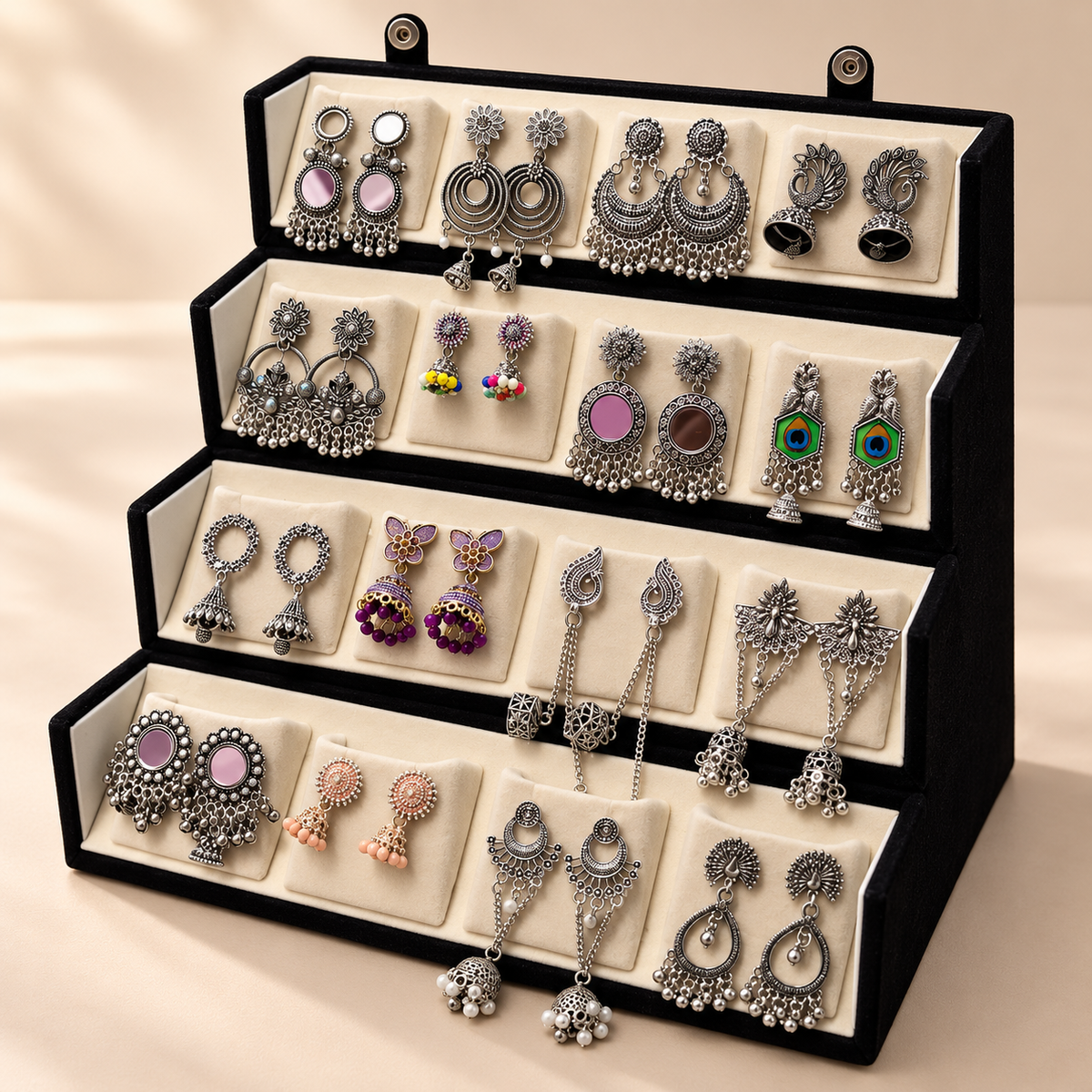 16 Pairs Oxidised Silver-Toned Assorted Earrings Combo with Foldable Jewellery Organizer |-WJ-JS26-ER0252