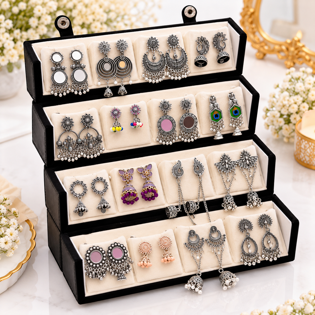 16 Pairs Assorted Oxidised Silver-Toned Earrings Combo with Foldable Jewellery Organizer | |-WJ-JS26-ER0253