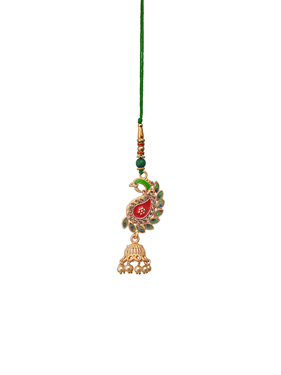 Set Of 2 Peacock Shaped Meena Work Bhaiya Bhabhi Rakhi With Roli & Chawal