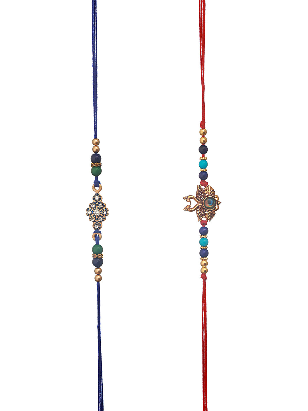 Set Of 2 Vibrant Evil Eye Peacock & Floral Shaped Rakhi With Roli & Chawal