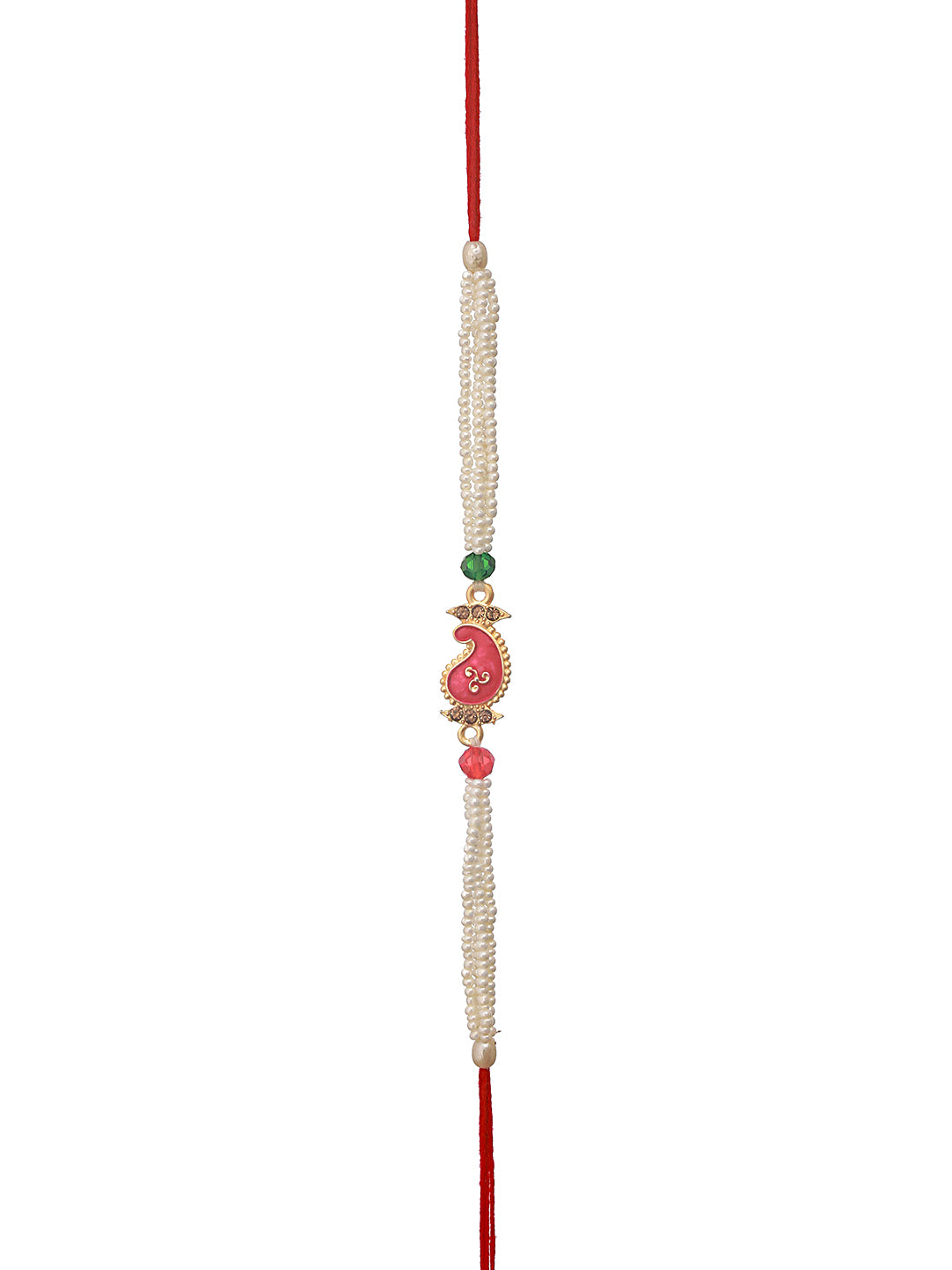 Set Of 2 Gold Toned Ram & Leaf Shaped Pearl Beaded Rakhi With Roli & Chawal