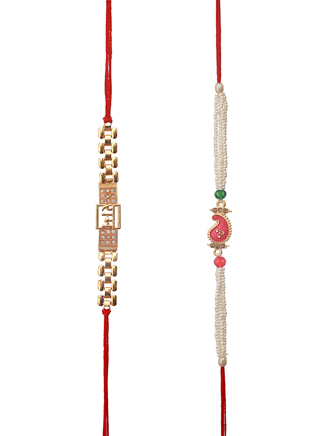 Set Of 2 Gold Toned Ram & Leaf Shaped Pearl Beaded Rakhi With Roli & Chawal