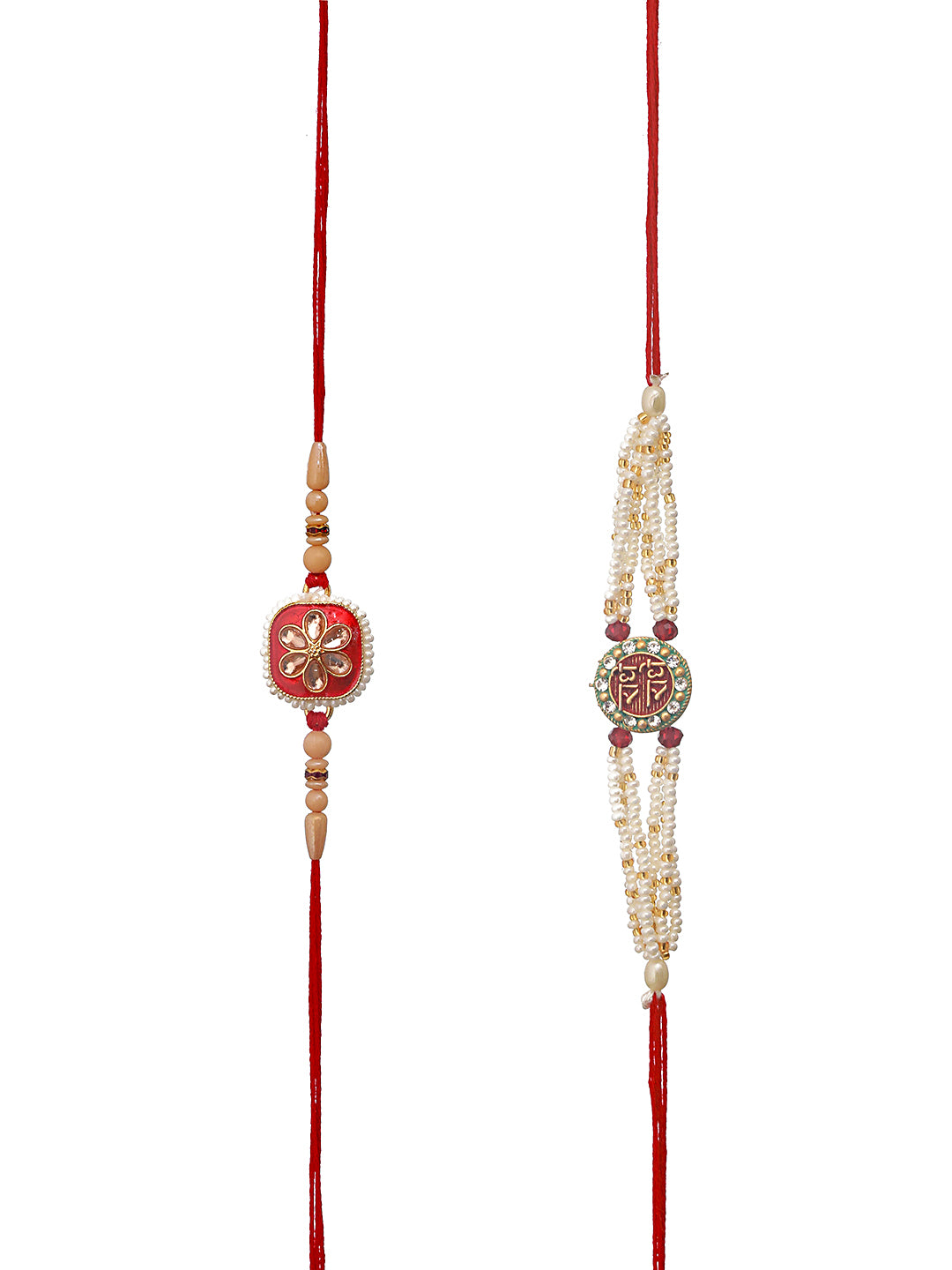 Set Of 2 Floral Multicolored Pearl Beaded And Meena Work Rakhi With Roli & Chawal