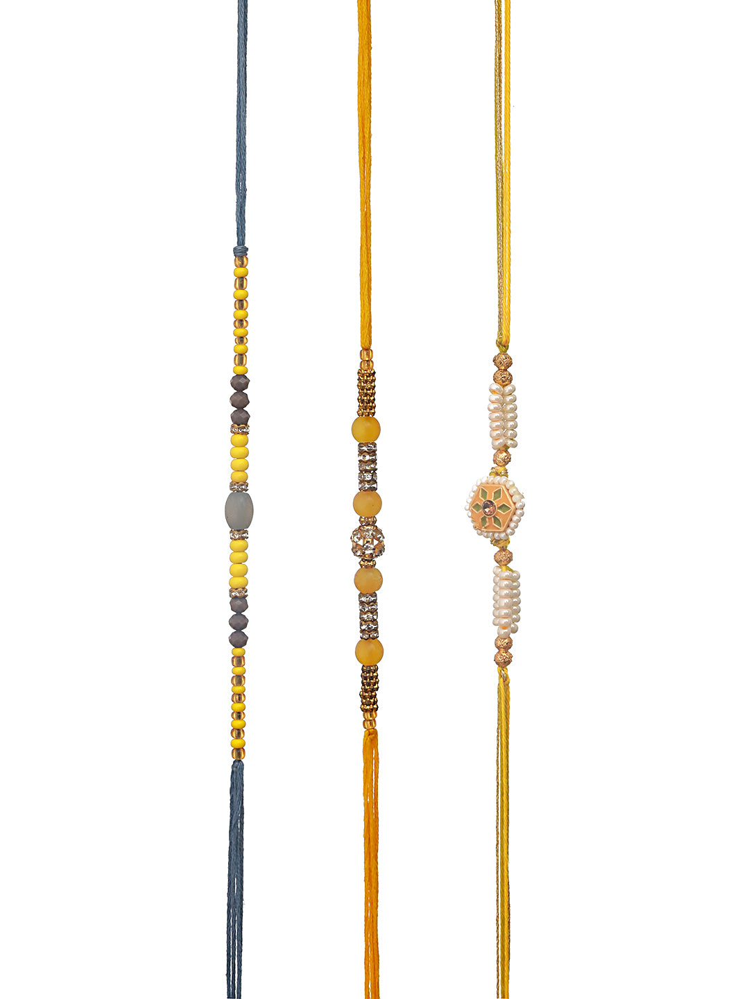 Set Of 3 Yellow & White Faux Pearls Embellished Thread Rakhi With Roli & Chawal