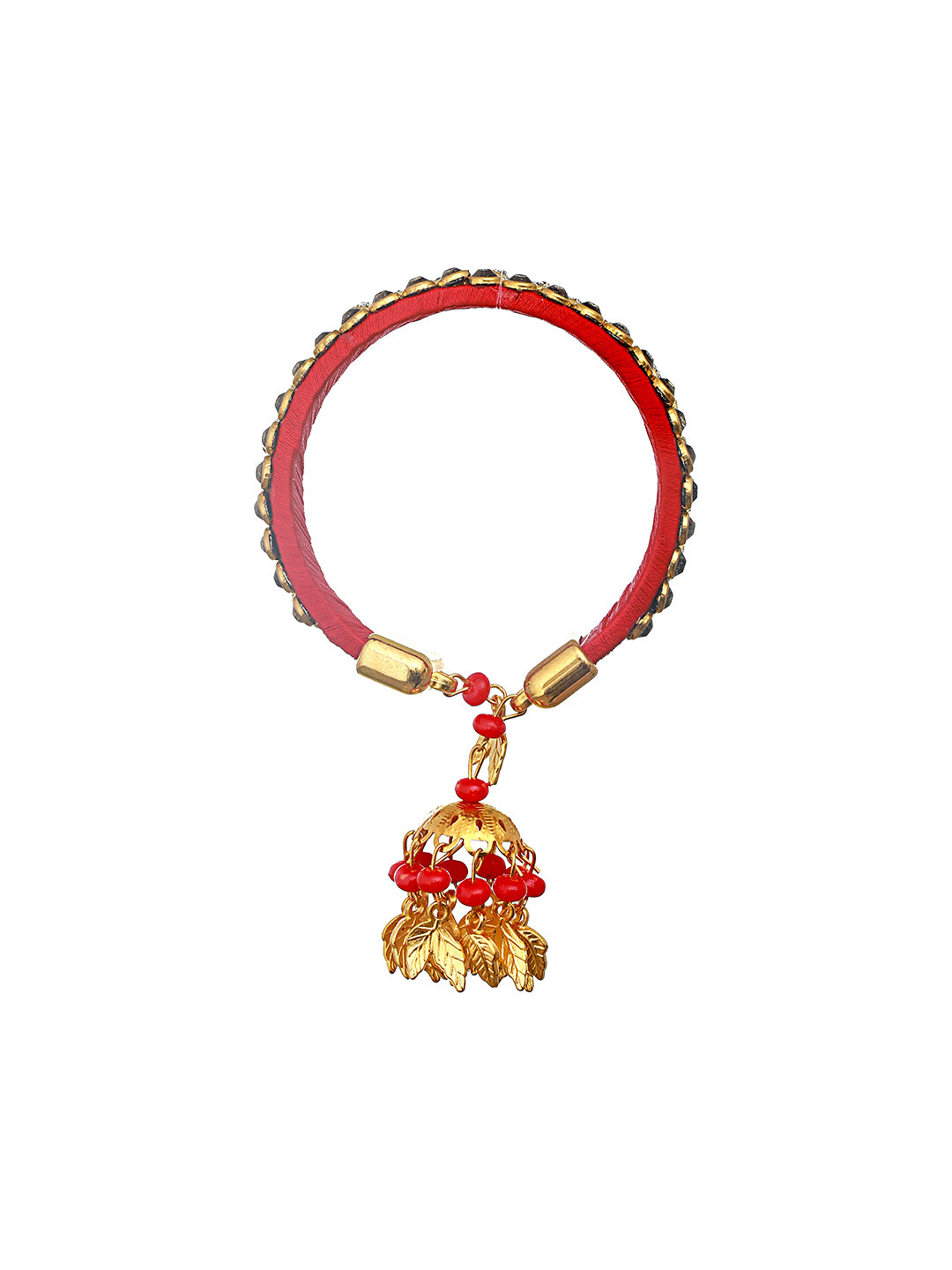 Red & Gold Toned Kundan Studded Bangle-Style Bhabhi Rakhi With Roli Chawal