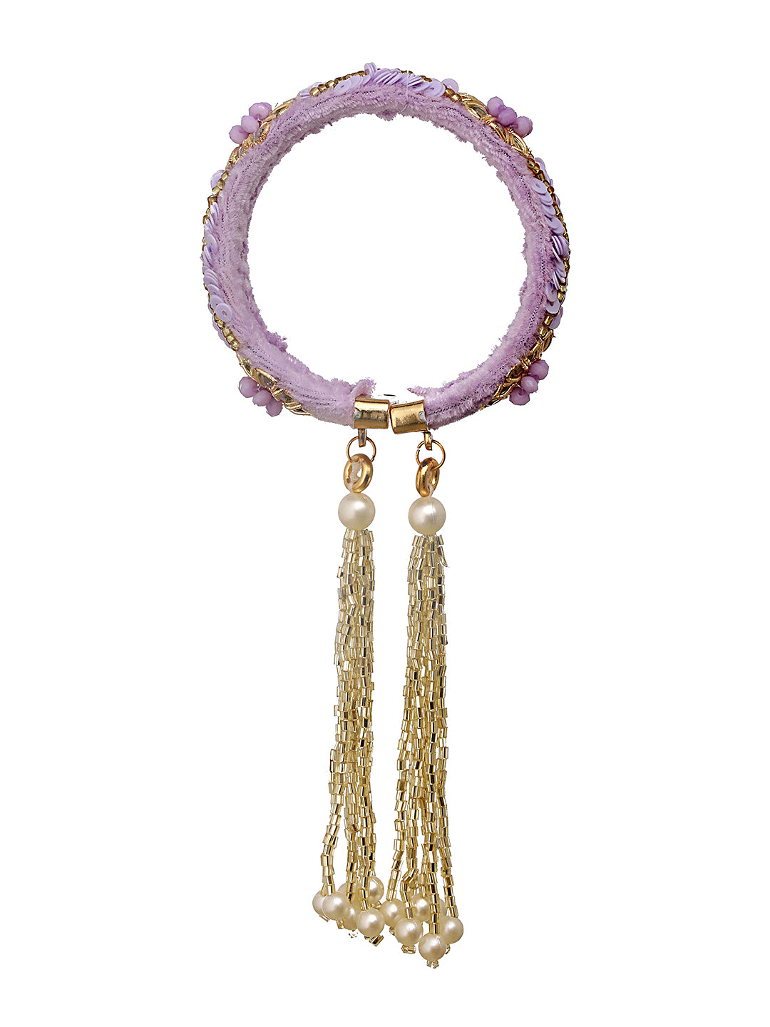 Lilac & Gold Toned Beads Handwork Bangle Style Tassels Bhabhi Rakhi With Roli Chawal