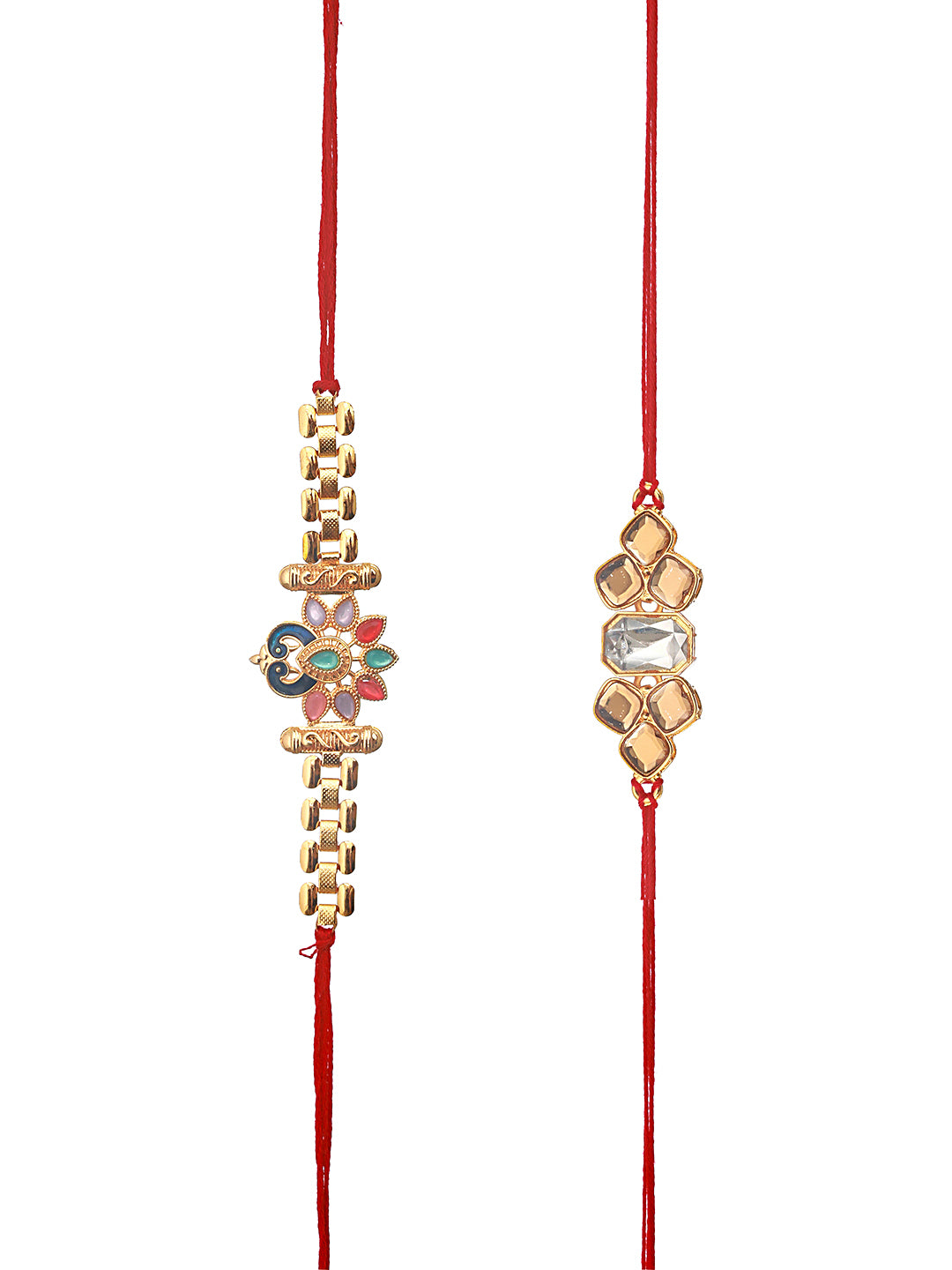 Set Of 2 Classic Kundan & Enameled Peacock Chain Thread Rakhi With Roli Chawal