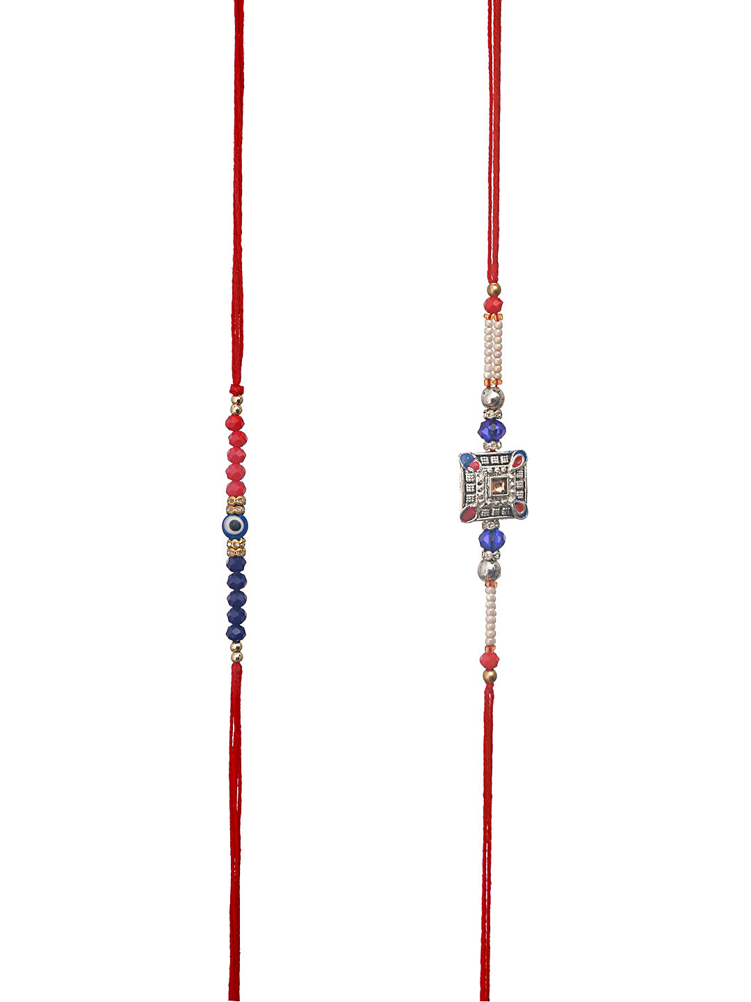 Set Of 2 Enthralling Blue Stone & Beaded Rakhi With Roli Chawal