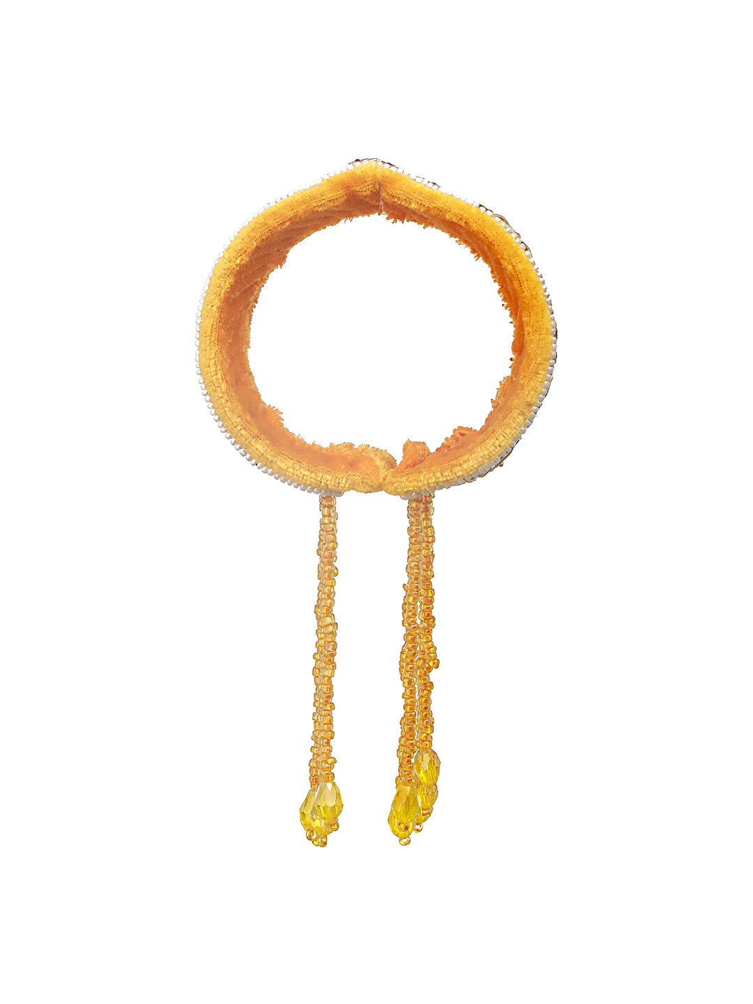 Yellow & Gold Toned Beads Handwork Bangle Style Tassels Bhabhi Rakhi With Roli Chawal