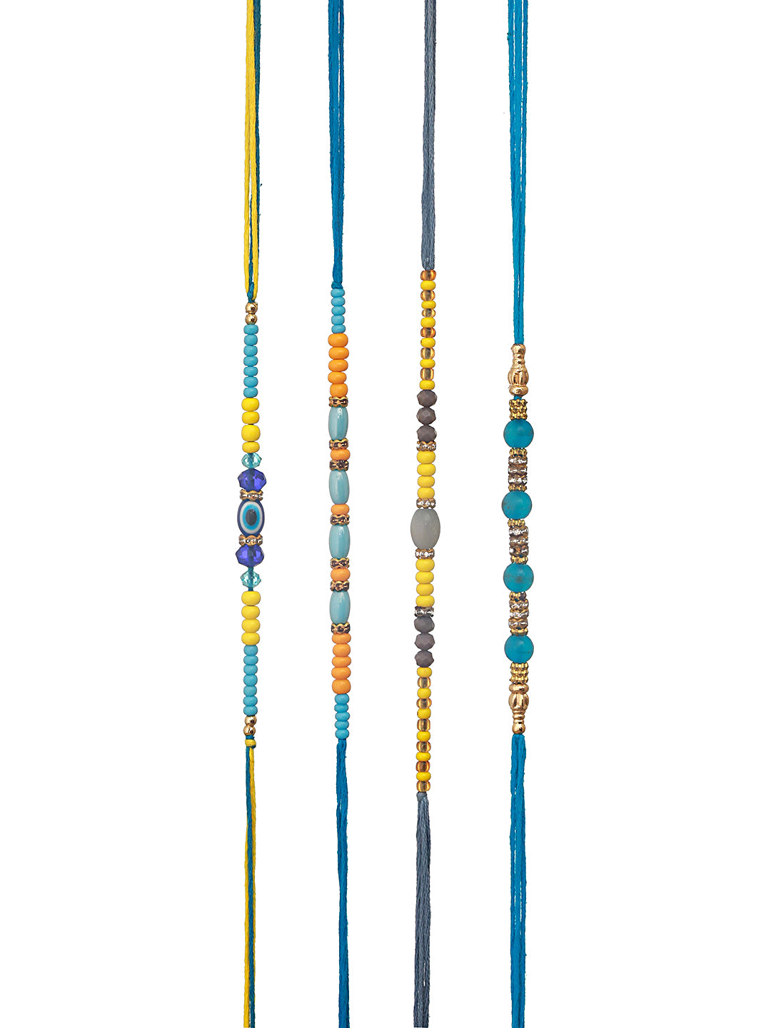 Set Of 4 Multicolored Pearl Beaded Thread Rakhi With Roli Chawal