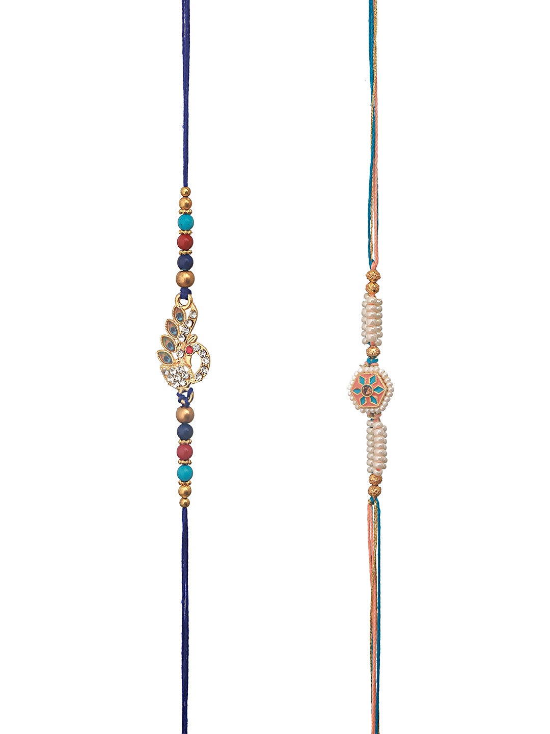 Set Of 2 White Pearl Beaded & Blue Peacock Shaped Designer Rakhi With Roli Chawal