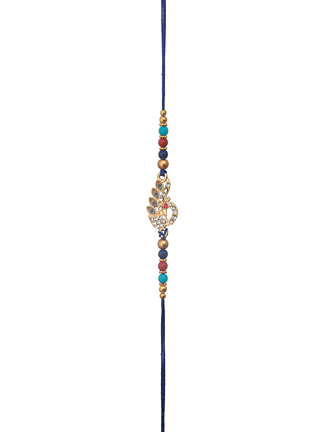 Set Of 2 White Pearl Beaded & Blue Peacock Shaped Designer Rakhi With Roli Chawal