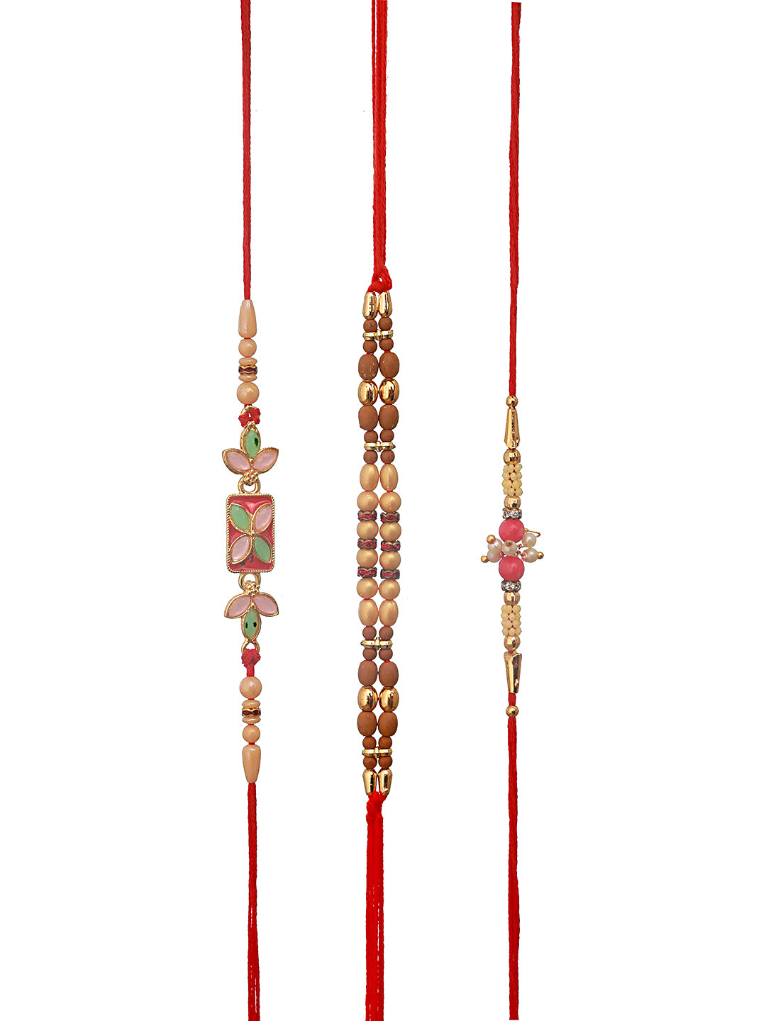 Set Of 3 Gold Toned Pearl & Meena Work Thread Rakhi With Roli Chawal