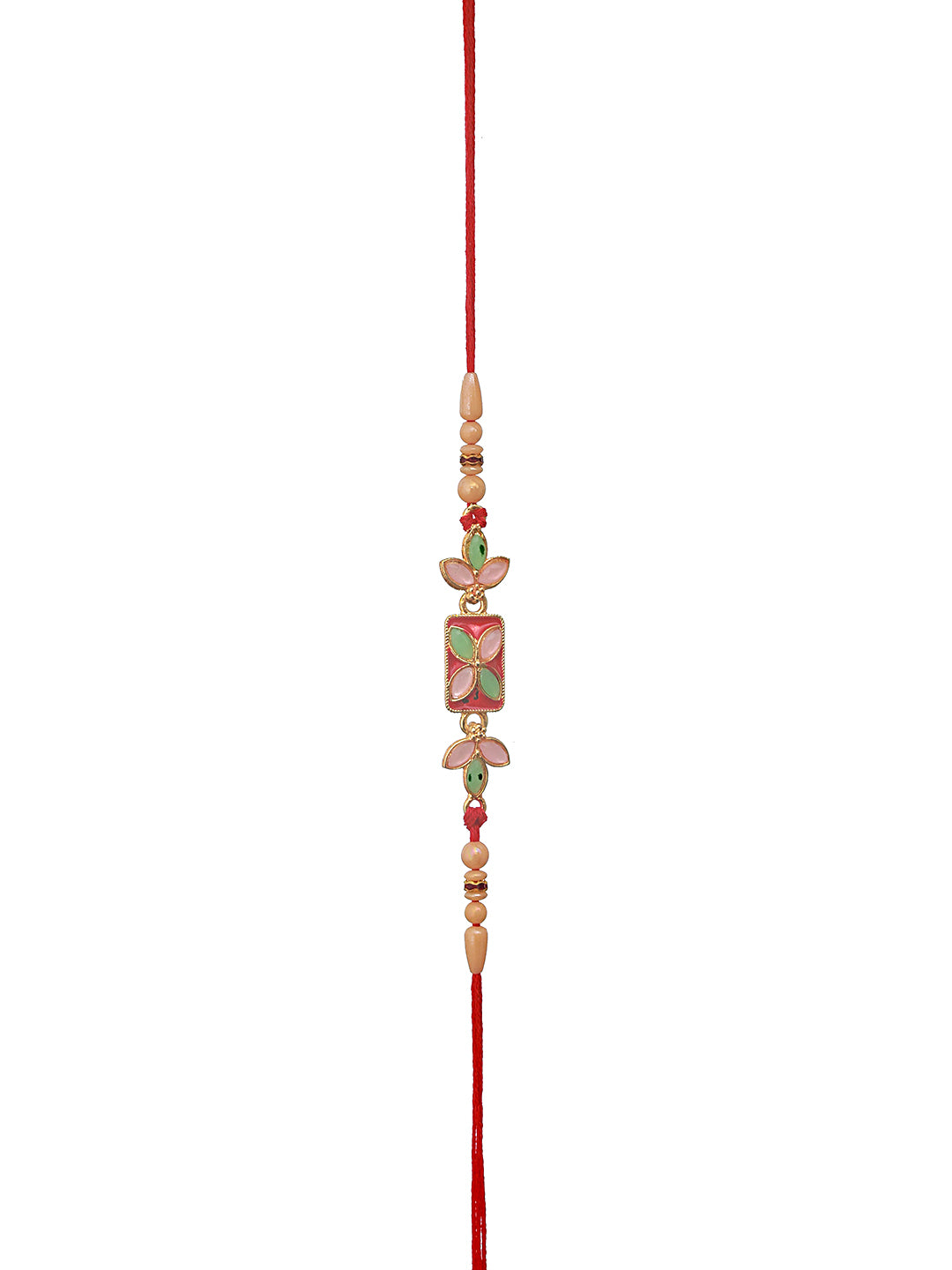 Set Of 3 Gold Toned Pearl & Meena Work Thread Rakhi With Roli Chawal