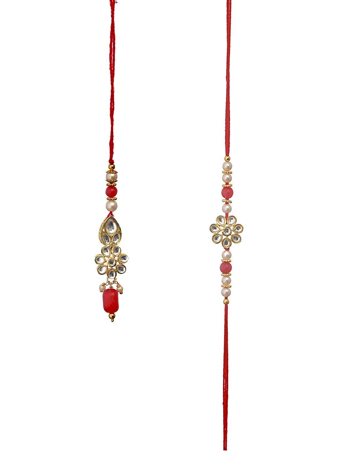 Set Of 2 Gold Toned & Kundan Studded Bhaiya & Bhabhi Rakhi With Roli & Chawal