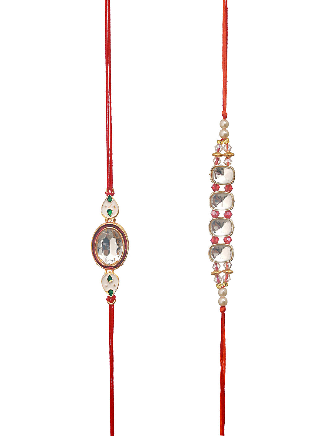 Jazz And Sizzle Set Of 2 Gold Toned Classic Kundan Chain & Thread Rakhi