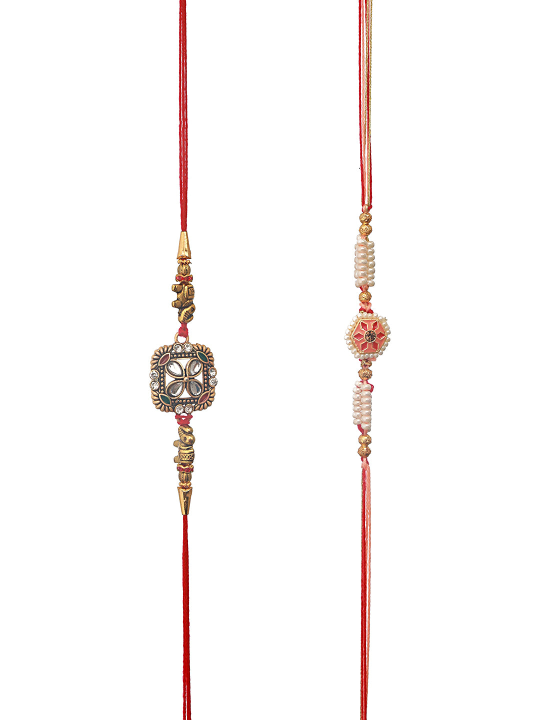 Set Of 2 Stone Embellished & Enamelled Thread Rakhi With Roli Chawal