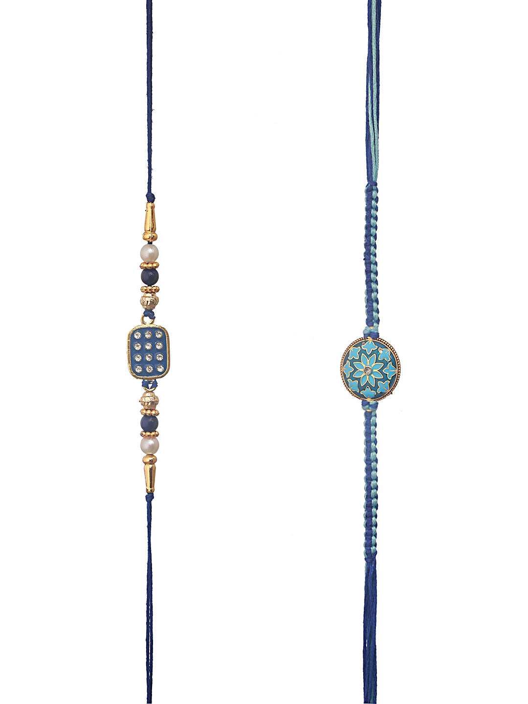 Set Of 2 Blue Enameled & Embellished Designer Beaded Rakhi With Roli Chawal