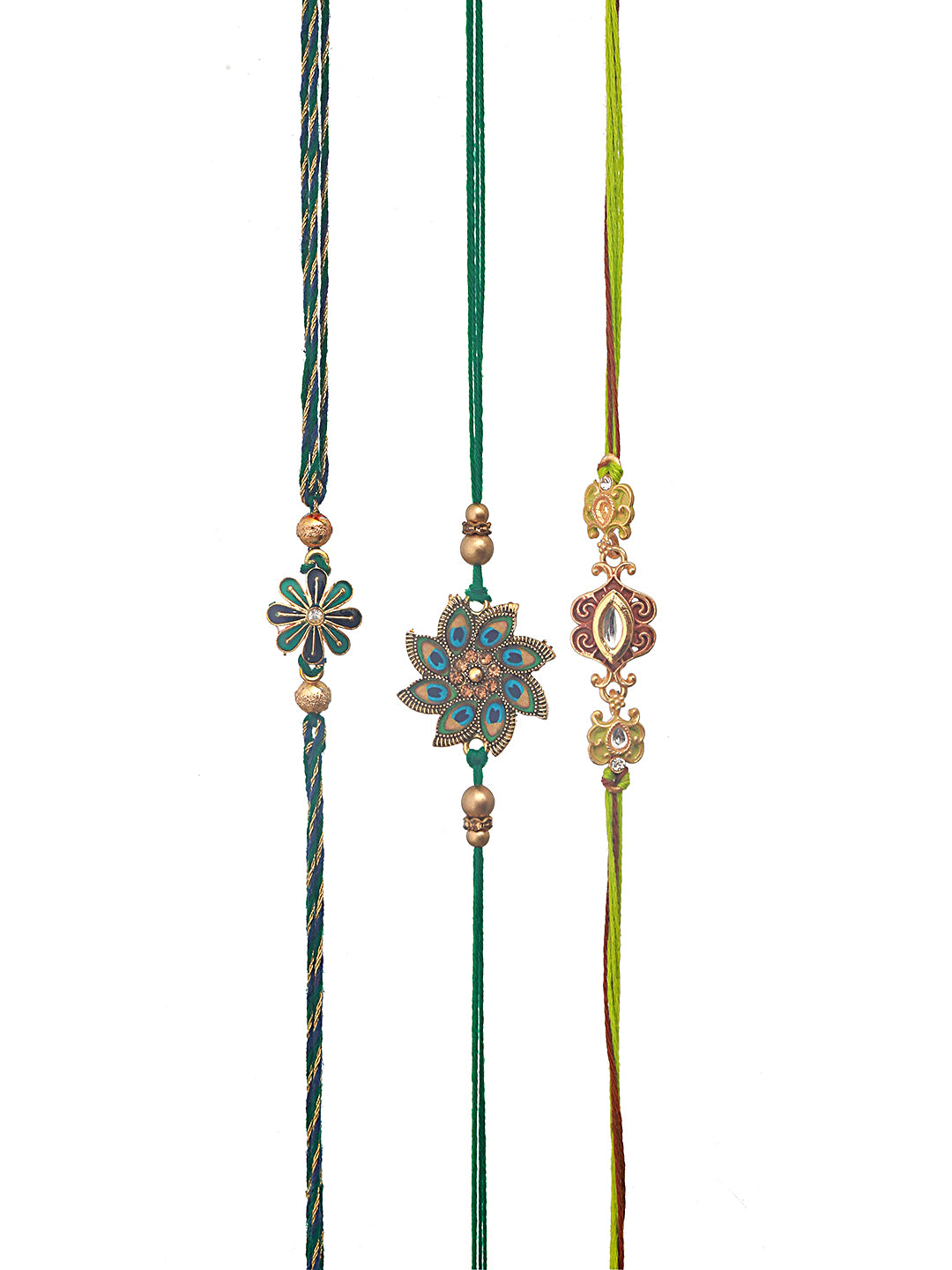 Set Of 3 Unisex Gold-Toned & Green Leafy Designer Beaded Rakhi With Roli Chawal