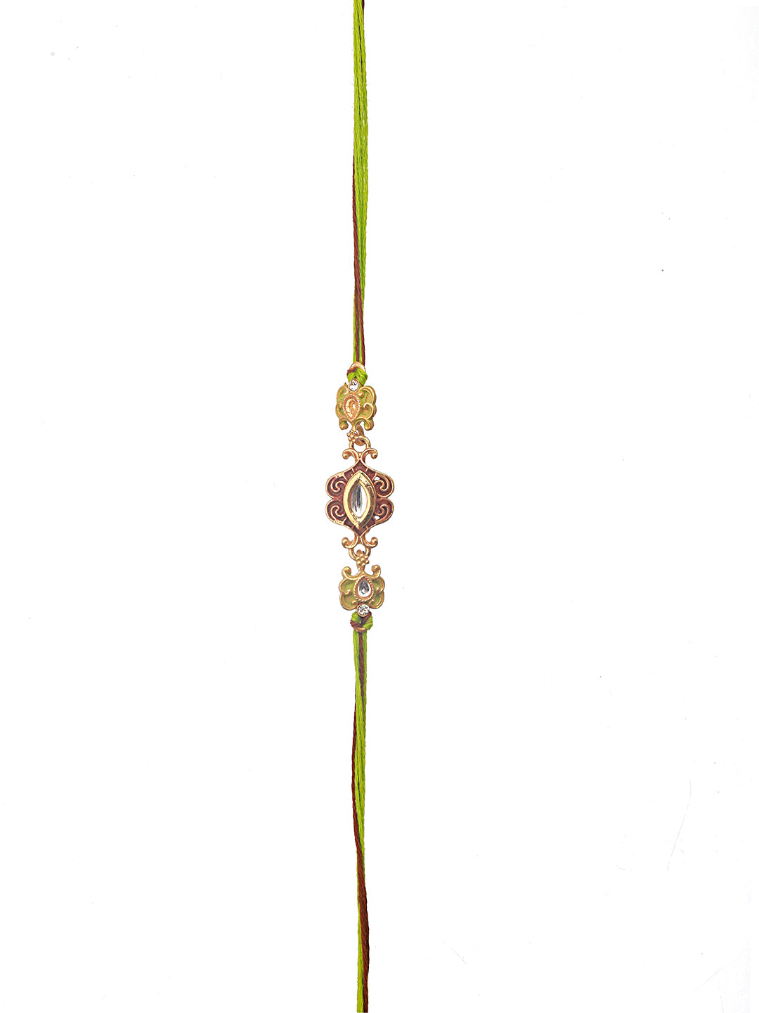 Set Of 3 Unisex Gold-Toned & Green Leafy Designer Beaded Rakhi With Roli Chawal