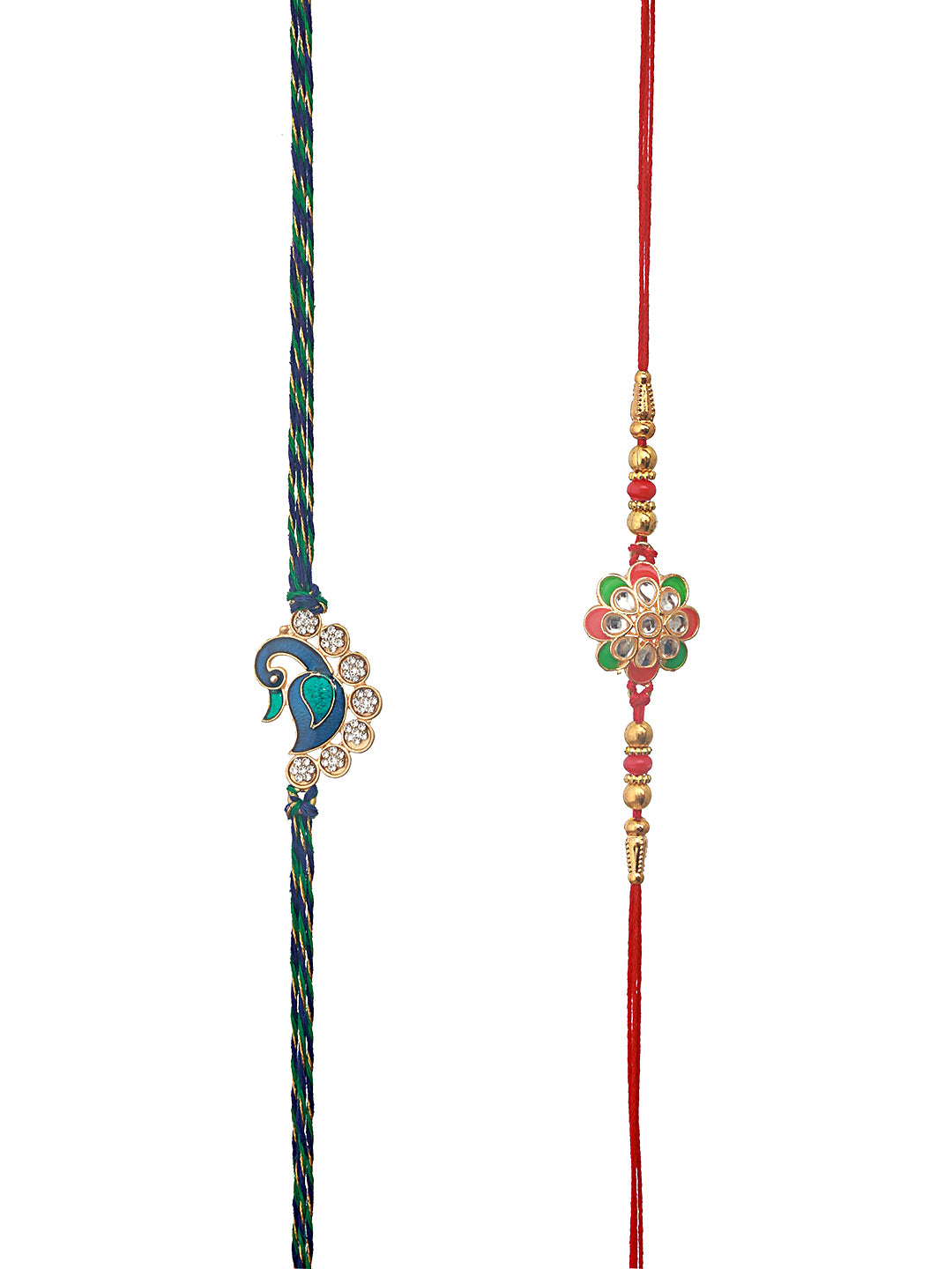 Set Of 2 Gold-Toned & Peacock Shaped Cz Studded Designer Beaded Rakhi With Roli Chawal