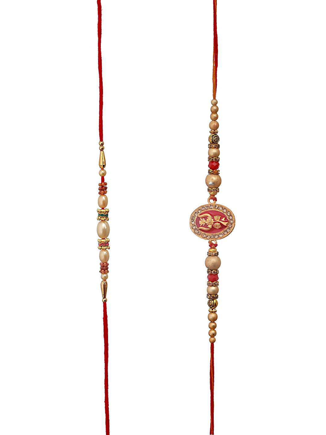Jazz And Sizzle Set Of 2 Trishul Enameled & Faux Pearl Beaded Rakhi With Roli Chawal