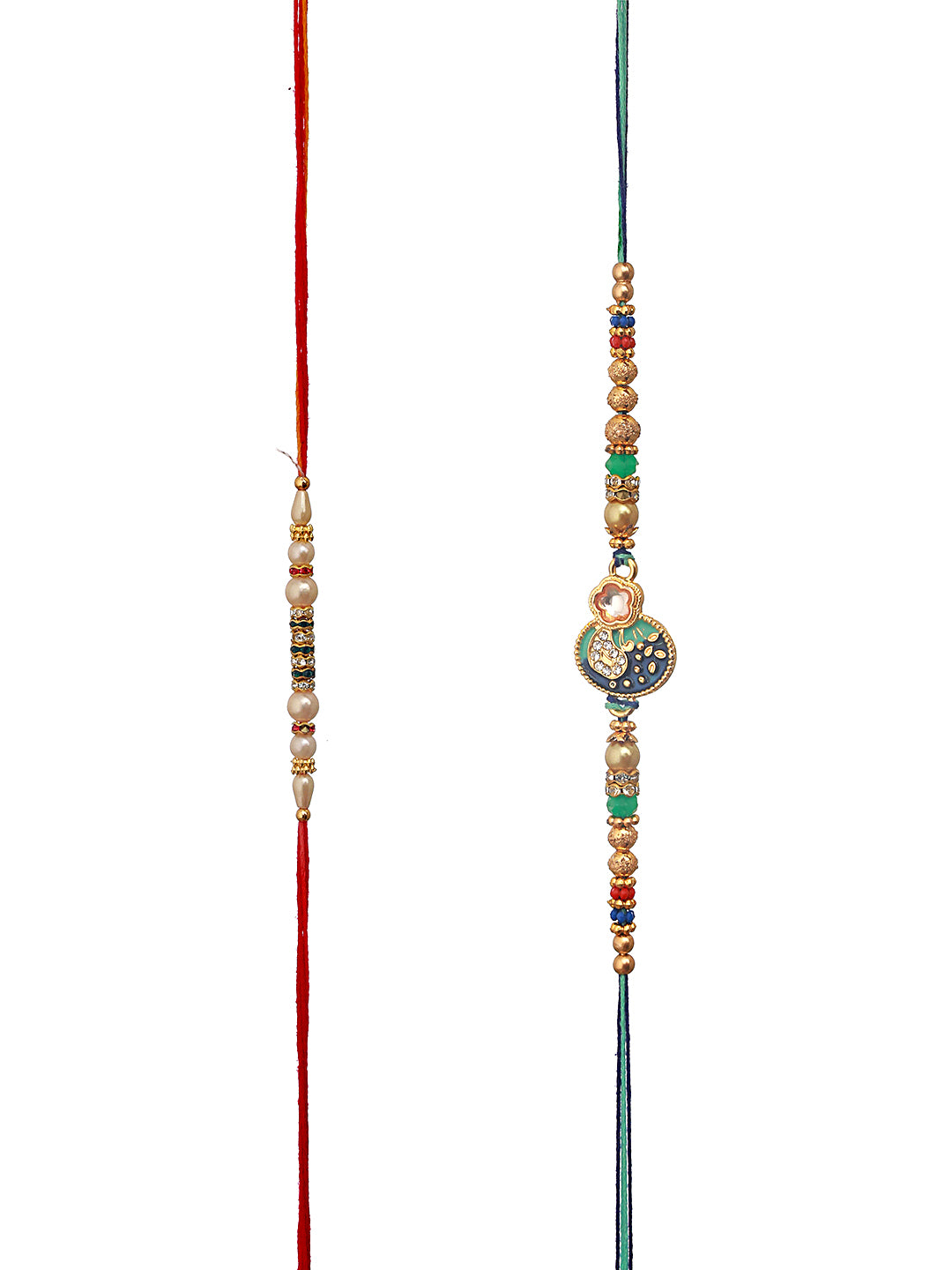 Set Of 2 Enameled & Faux Pearl Beaded Designer Thread Rakhi With Roli Chawal