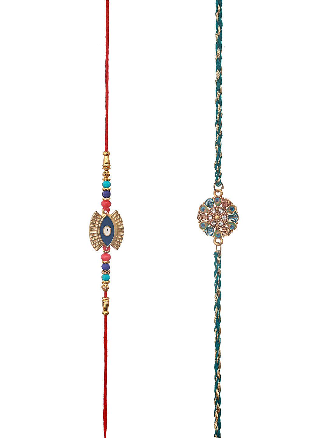 Set Of 2 Gold-Toned Evil Eye & Leaf Meena Work Designer Rakhi With Roli Chawal