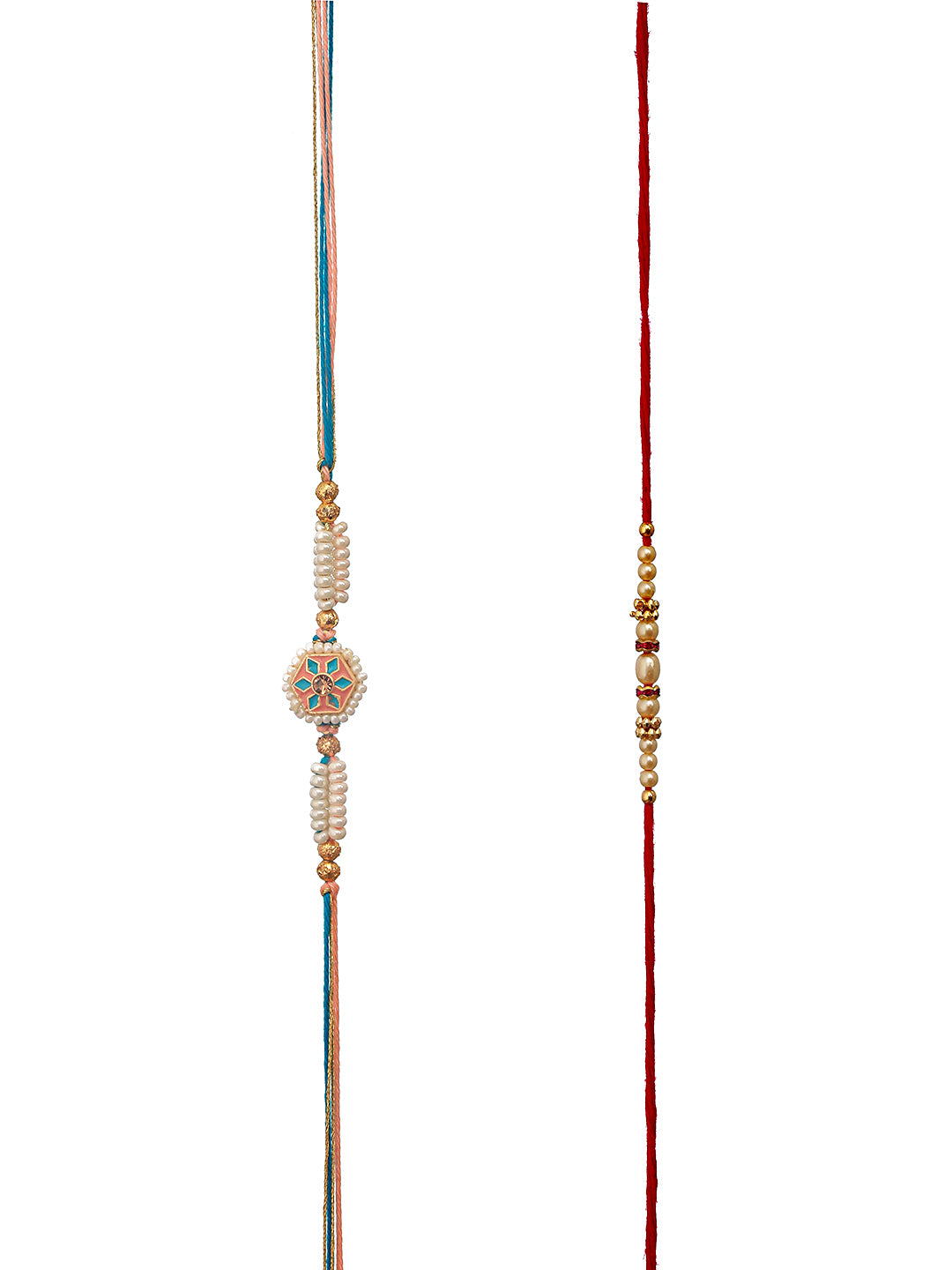 Jazz And Sizzle Set Of 2 White Faux Pearls Beaded & Enameled Thread Rakhi