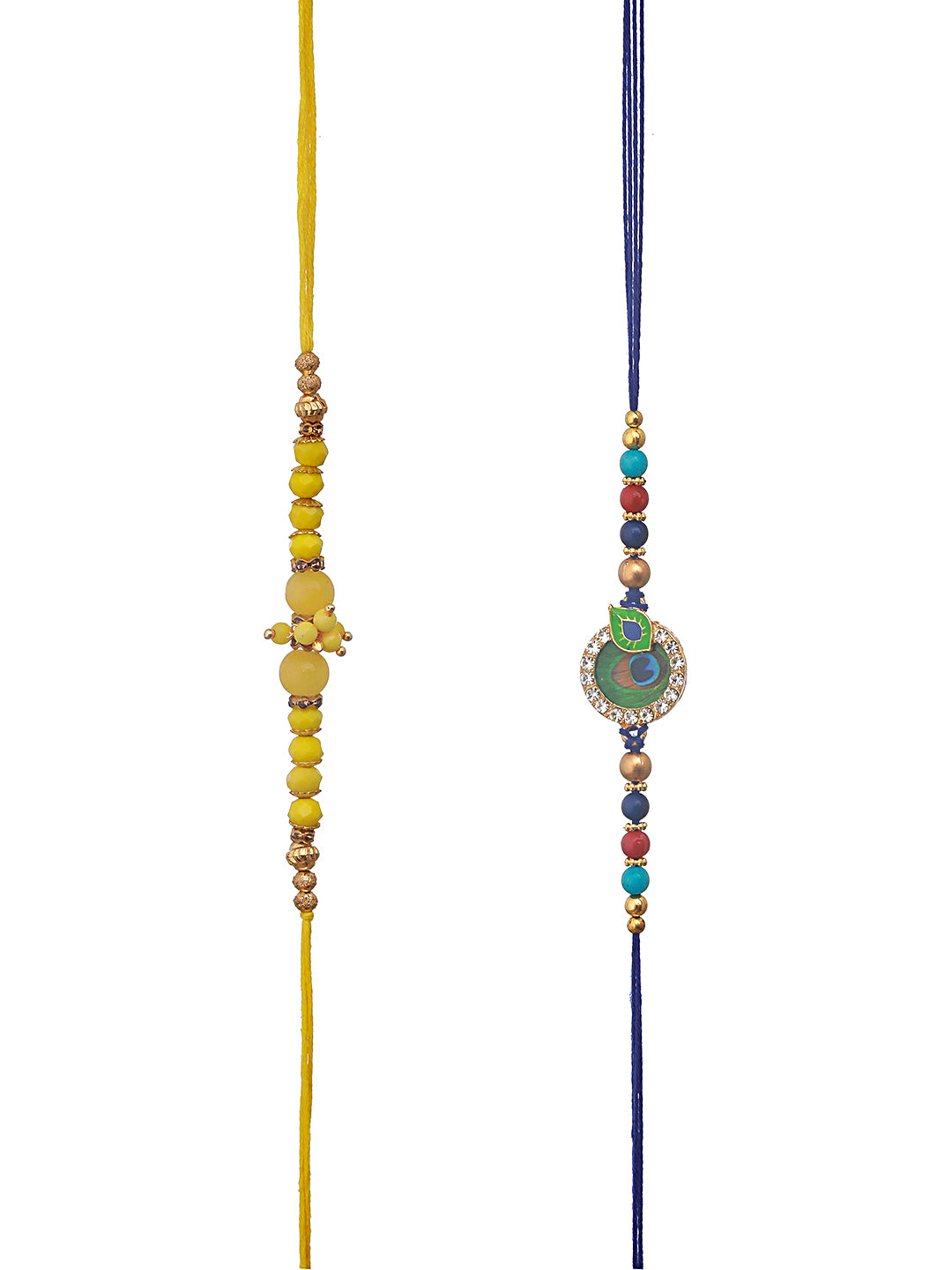 Set Of 2 Yellow Pearl Beaded & Blue Morpankh Enameled Designer Rakhi With Roli Chawal