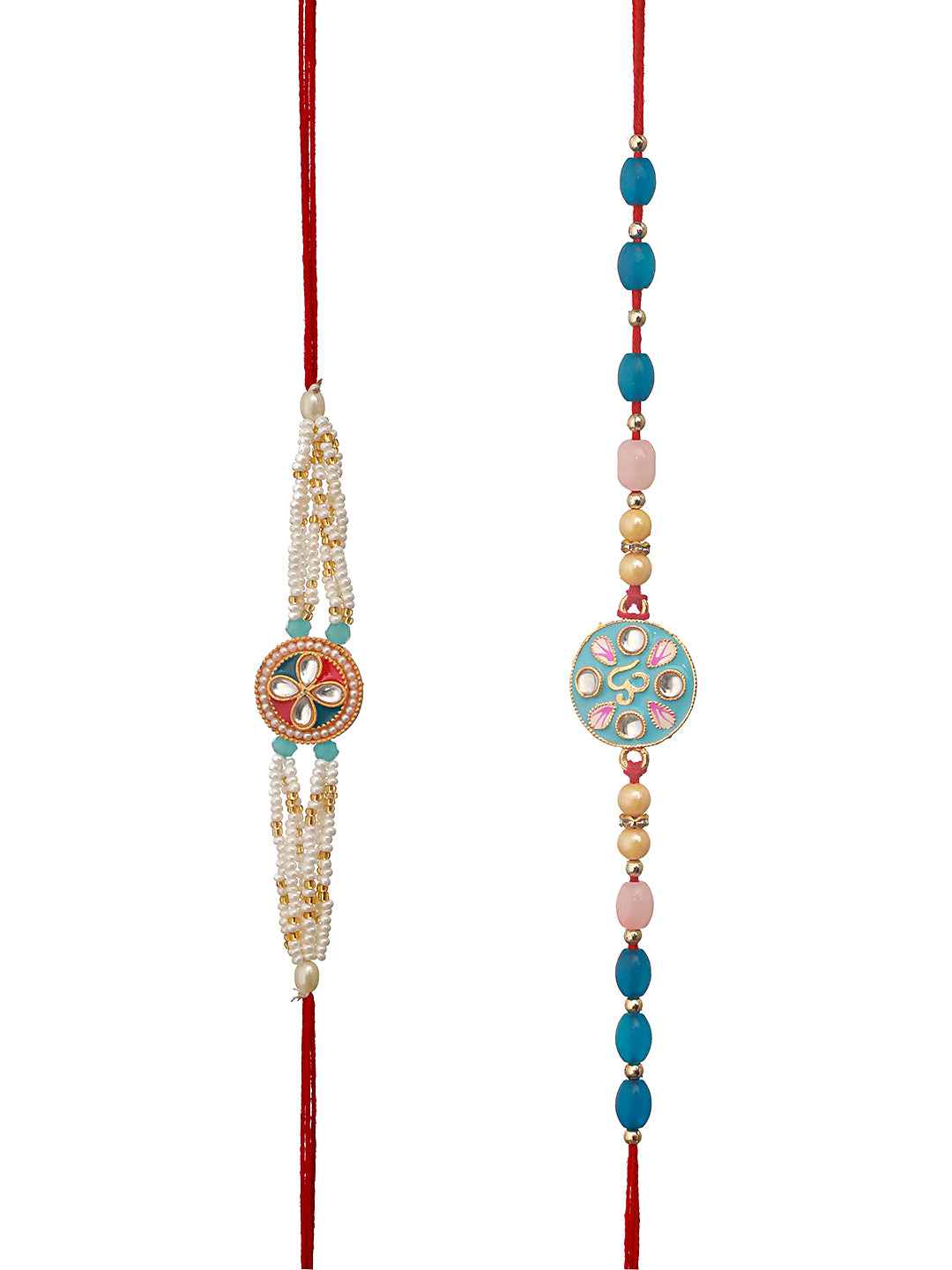 Set Of 2 Meena Work & Pearl Beaded Designer Thread Rakhi With Roli Chawal