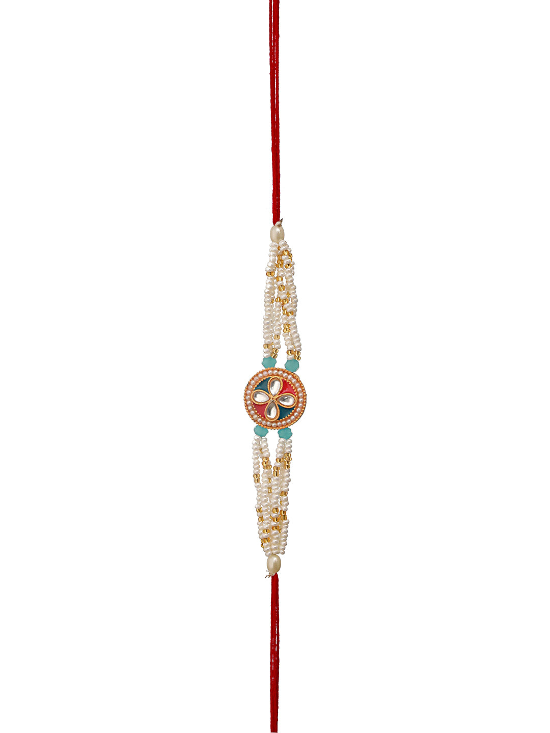 Set Of 2 Meena Work & Pearl Beaded Designer Thread Rakhi With Roli Chawal