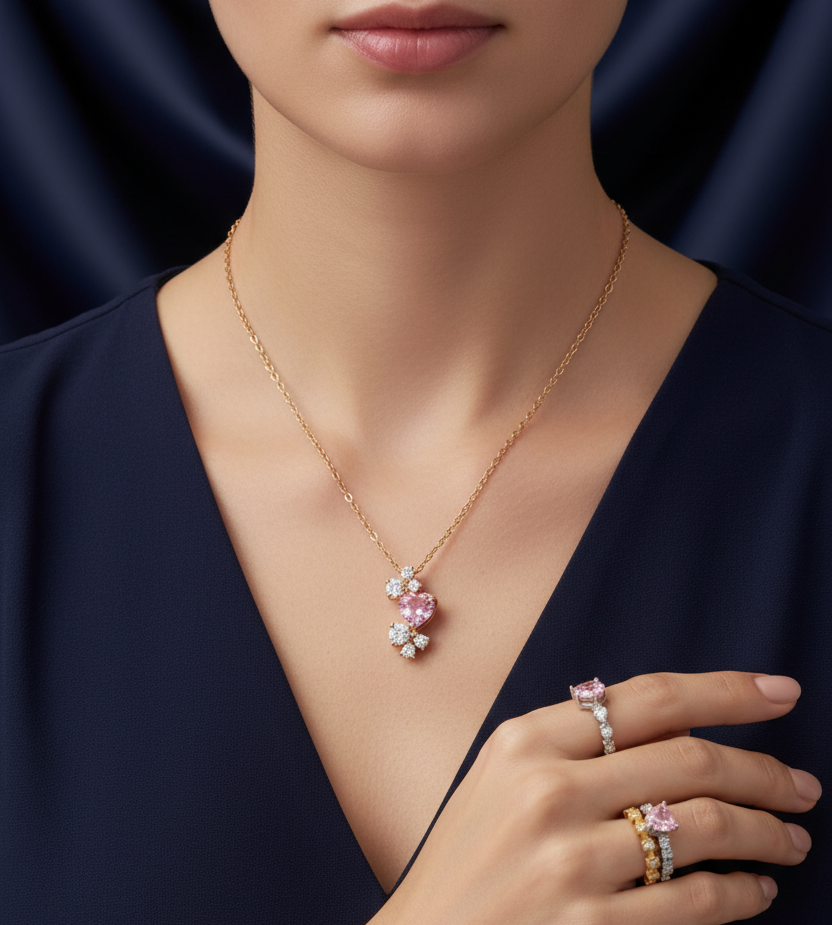 Jazz And Sizzle Gold Plated Chain with Pink Stone Rosé Luxe Zircon Pendant and Ring Set