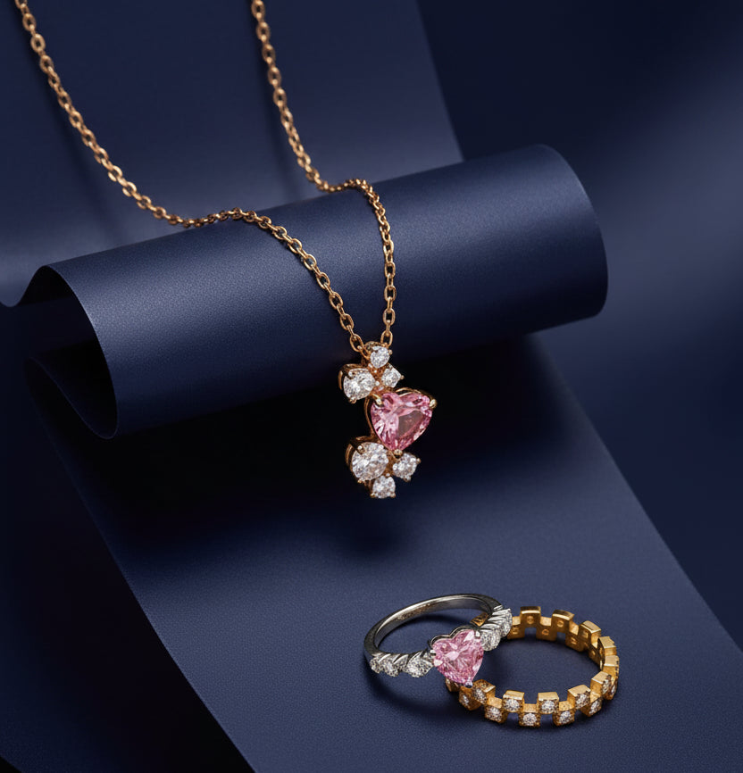 Jazz And Sizzle Gold Plated Chain with Pink Stone Rosé Luxe Zircon Pendant and Ring Set