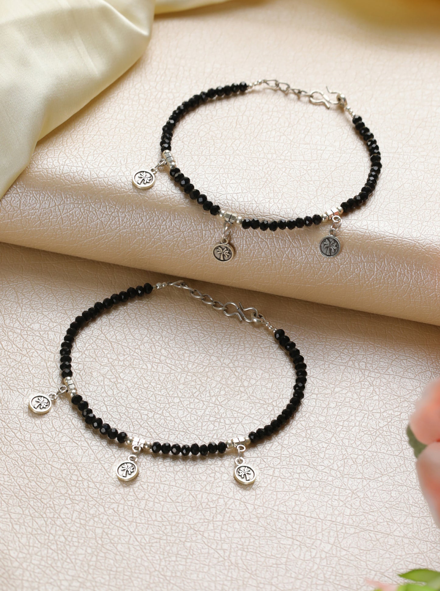 Set Of 2 Silver-Plated Beaded Anklets - Jazzandsizzle