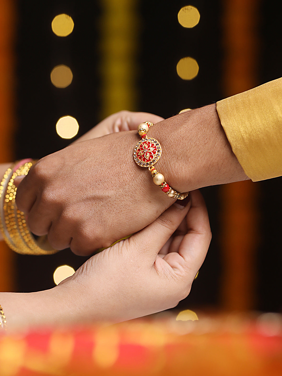 Jazz And sizzle Set Of 2 Enameled & Pearl Beaded Thread Rakhi With Roli Chawal & Rakhi Card