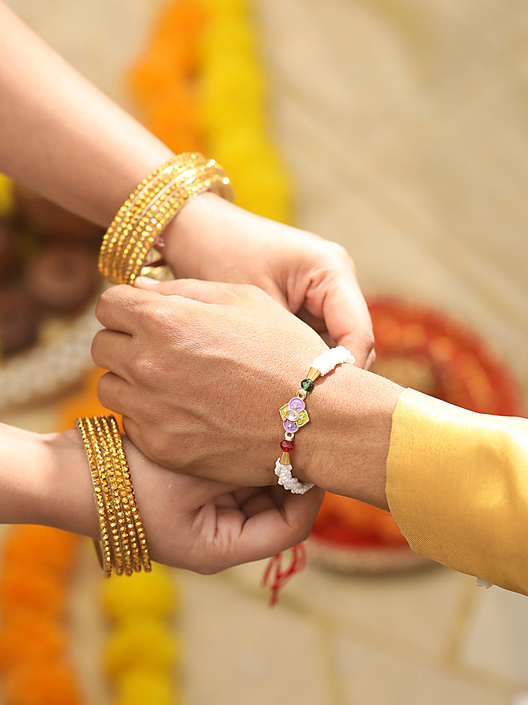 Jazz And Sizzle Set Of 2 Pearl Beaded & Minakari Work Thread Rakhi With Roli & Chawal