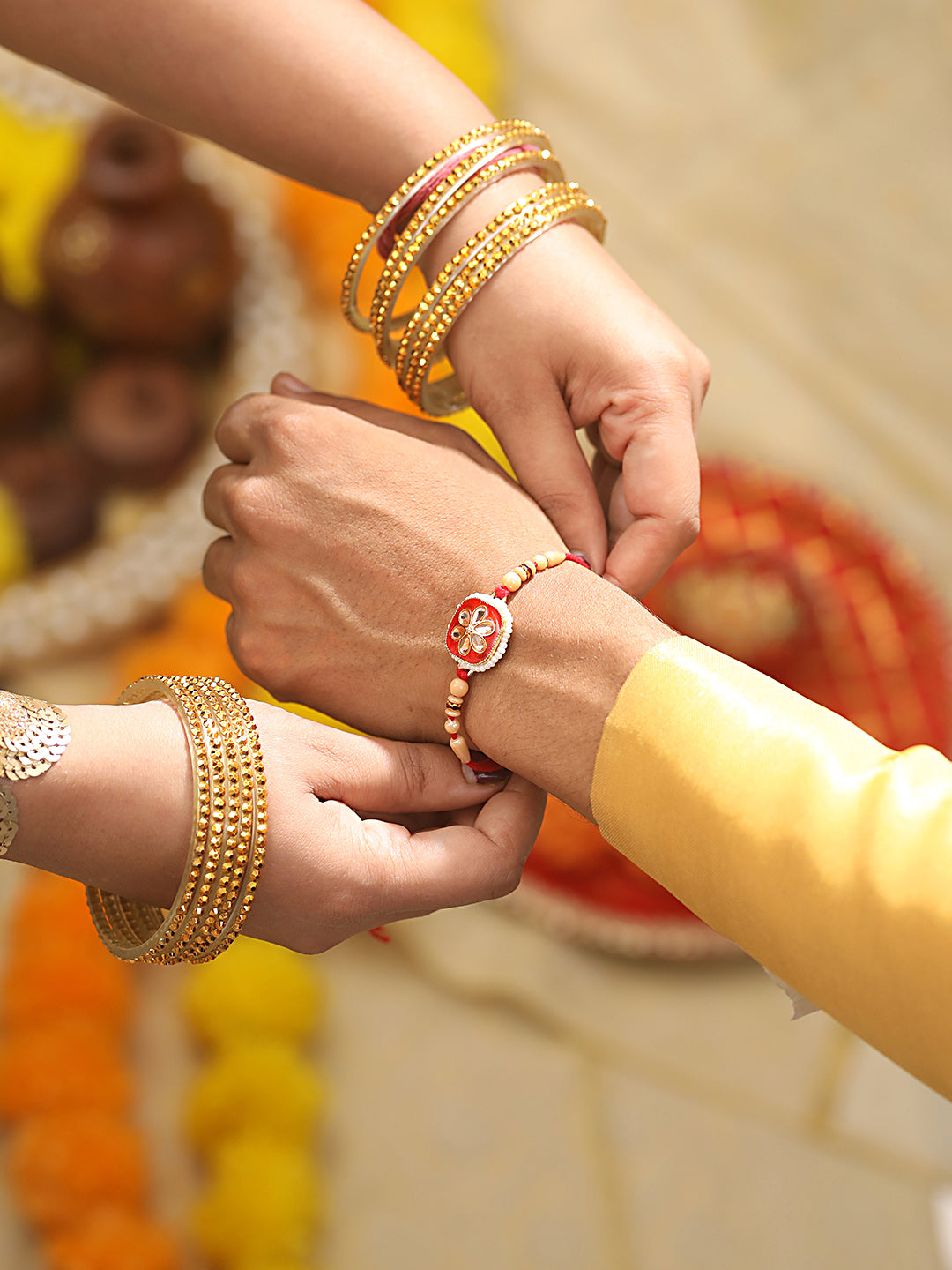 Set Of 2 Floral Multicolored Pearl Beaded And Meena Work Rakhi With Roli & Chawal