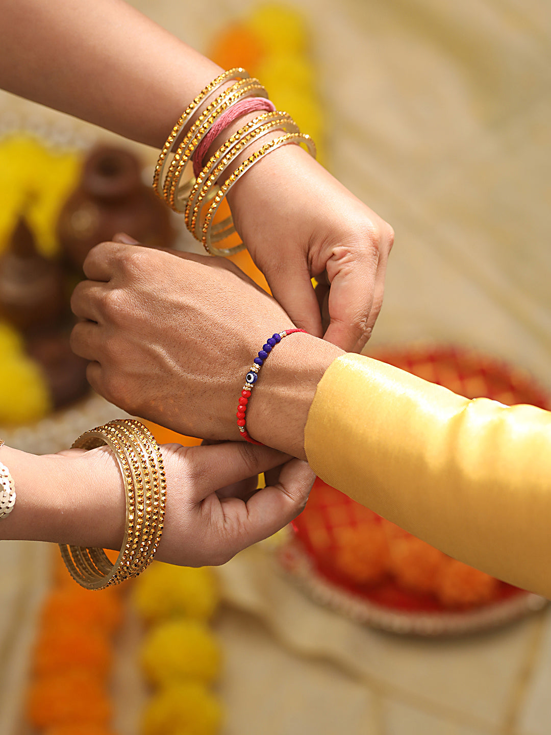 Set Of 2 Enthralling Blue Stone & Beaded Rakhi With Roli Chawal