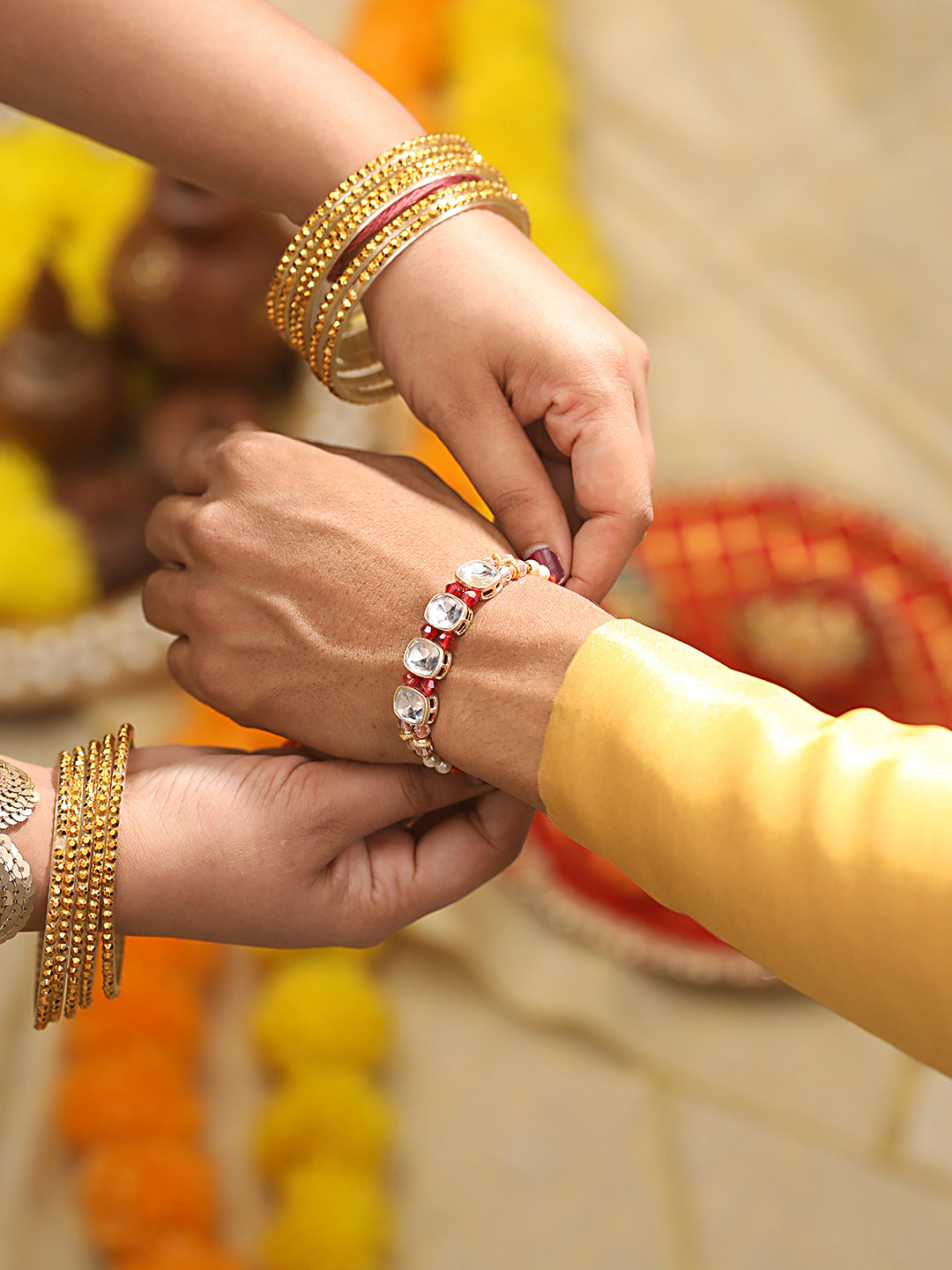 Jazz And Sizzle Set Of 2 Gold Toned Classic Kundan Chain & Thread Rakhi