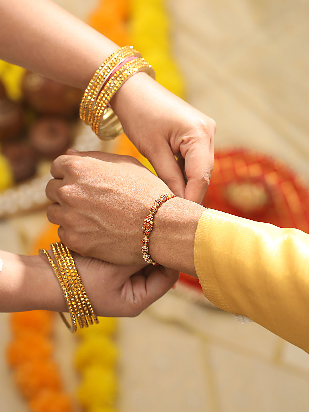 Set Of 4 Men Brown & Blue Rudraksh Beaded Spiritual Rakhi With Roli & Chawal