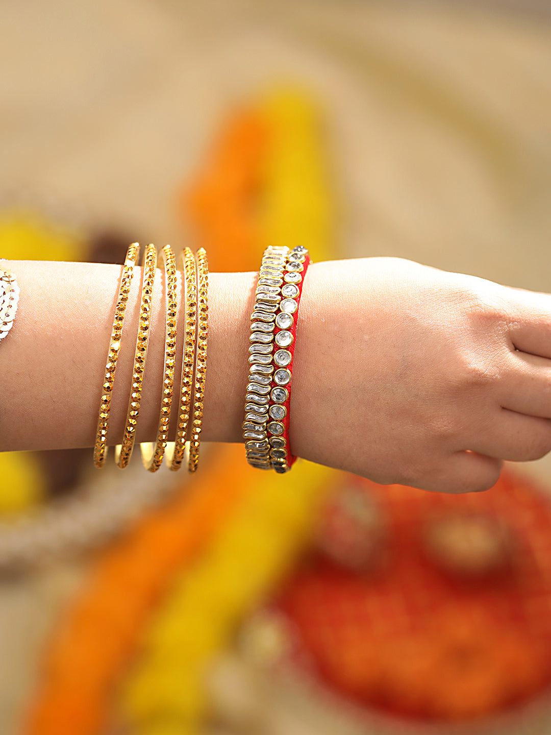 Red & Gold Toned Kundan Studded Bangle-Style Bhabhi Rakhi With Roli Chawal