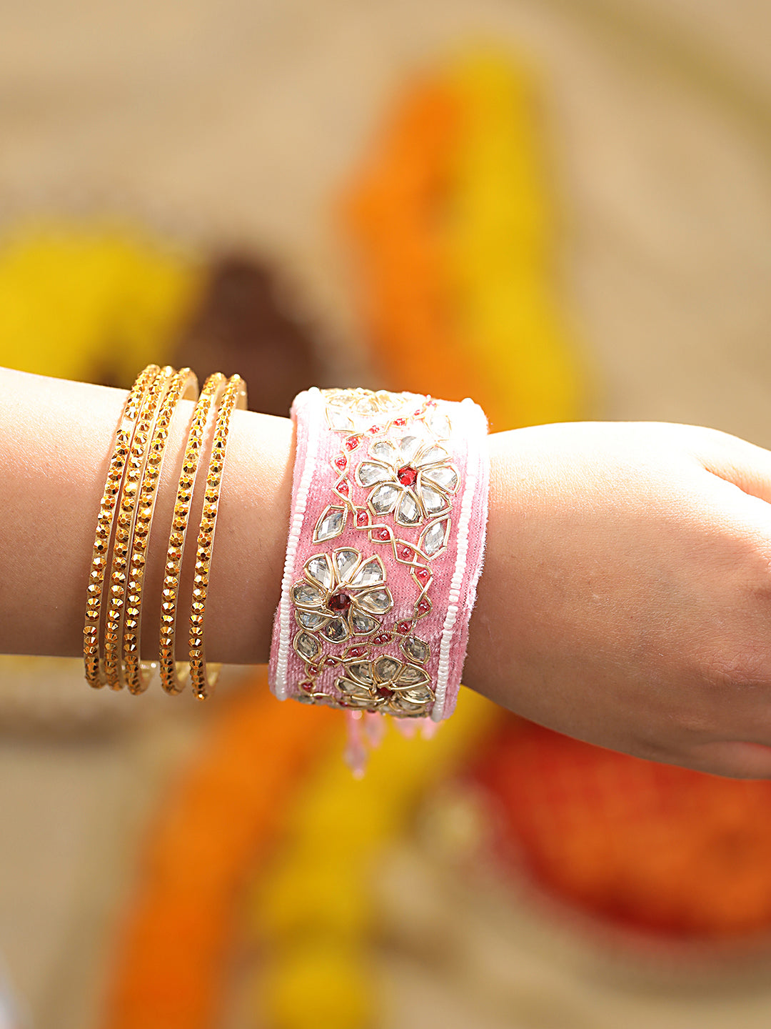 Pink & Gold Toned Beads Handwork Bangle Style Tassels Bhabhi Rakhi With Roli Chawal