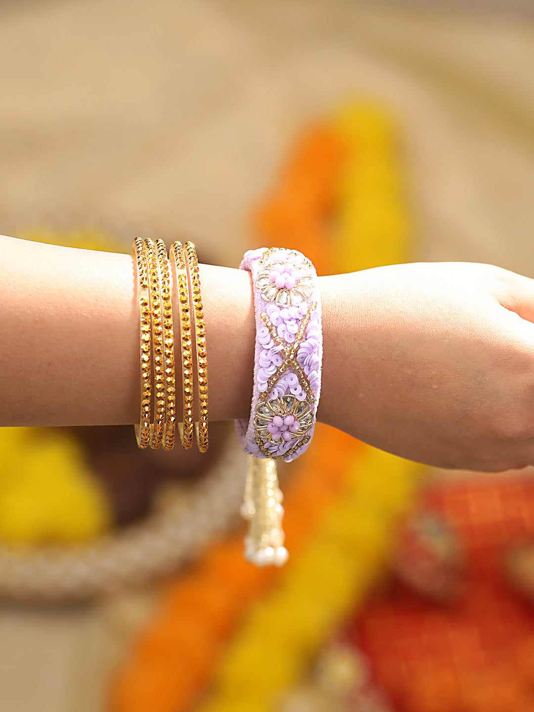 Lilac & Gold Toned Beads Handwork Bangle Style Tassels Bhabhi Rakhi With Roli Chawal