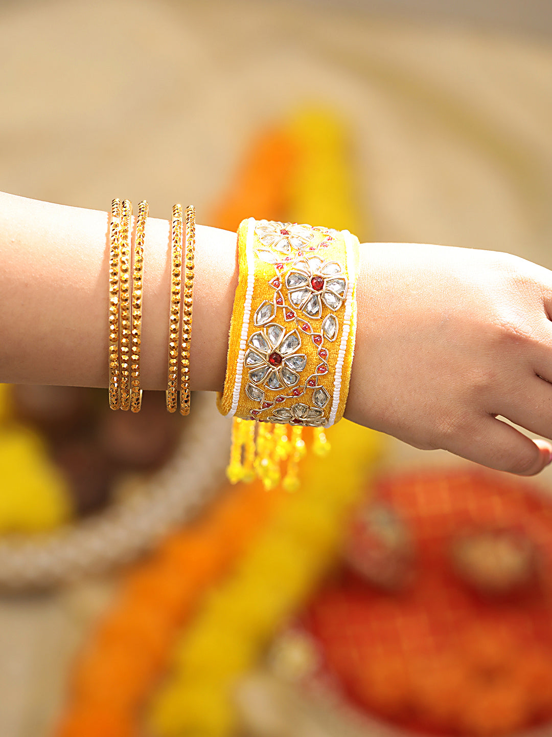 Yellow & Gold Toned Beads Handwork Bangle Style Tassels Bhabhi Rakhi With Roli Chawal