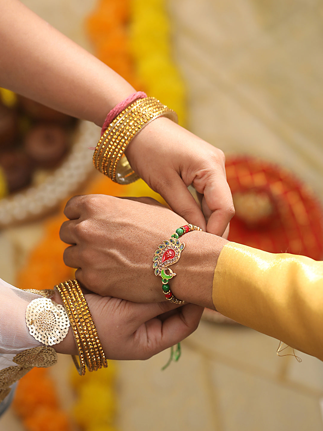 Set Of 2 Peacock Shaped Meena Work Bhaiya Bhabhi Rakhi With Roli & Chawal