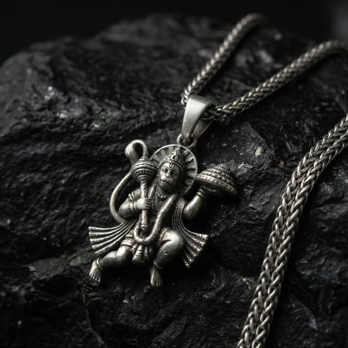 Antique Silver-Toned Brass Lord Hanuman Pendant ChainJS-SNL-022