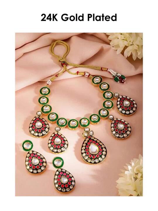 24K Gold-Plated Green & Black Enamel Border Ruby Pink & White Kundan Necklace Set