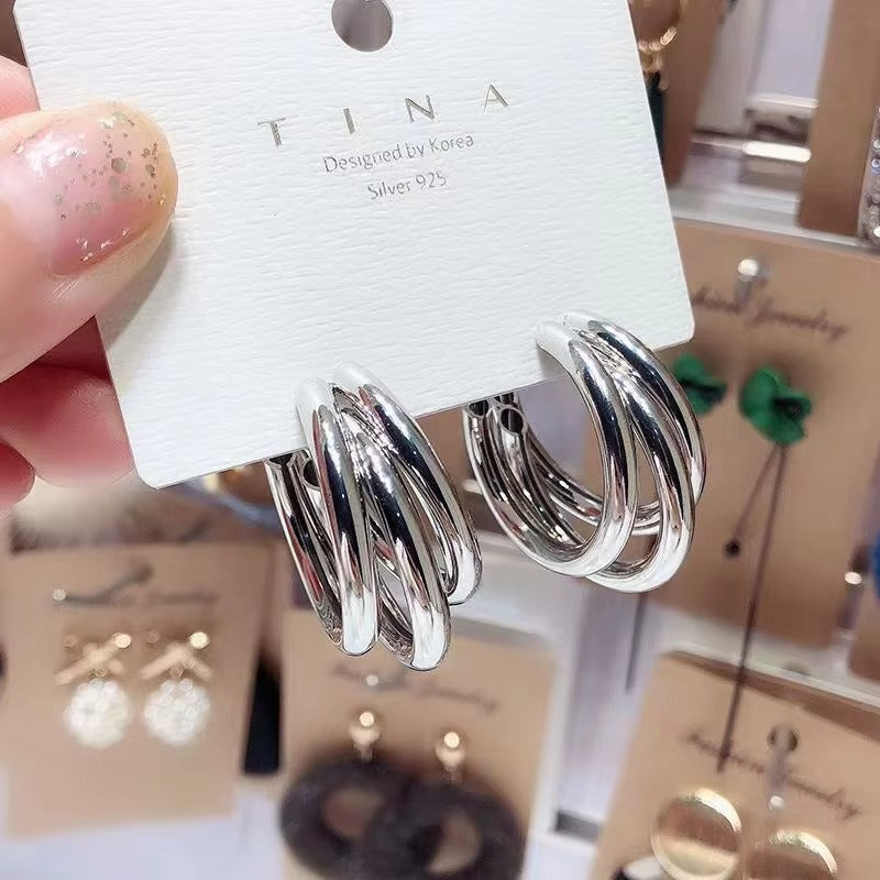 Gold & Silver Needle Plated C-Shaped Multi-Layer Hoop Earrings- Combo